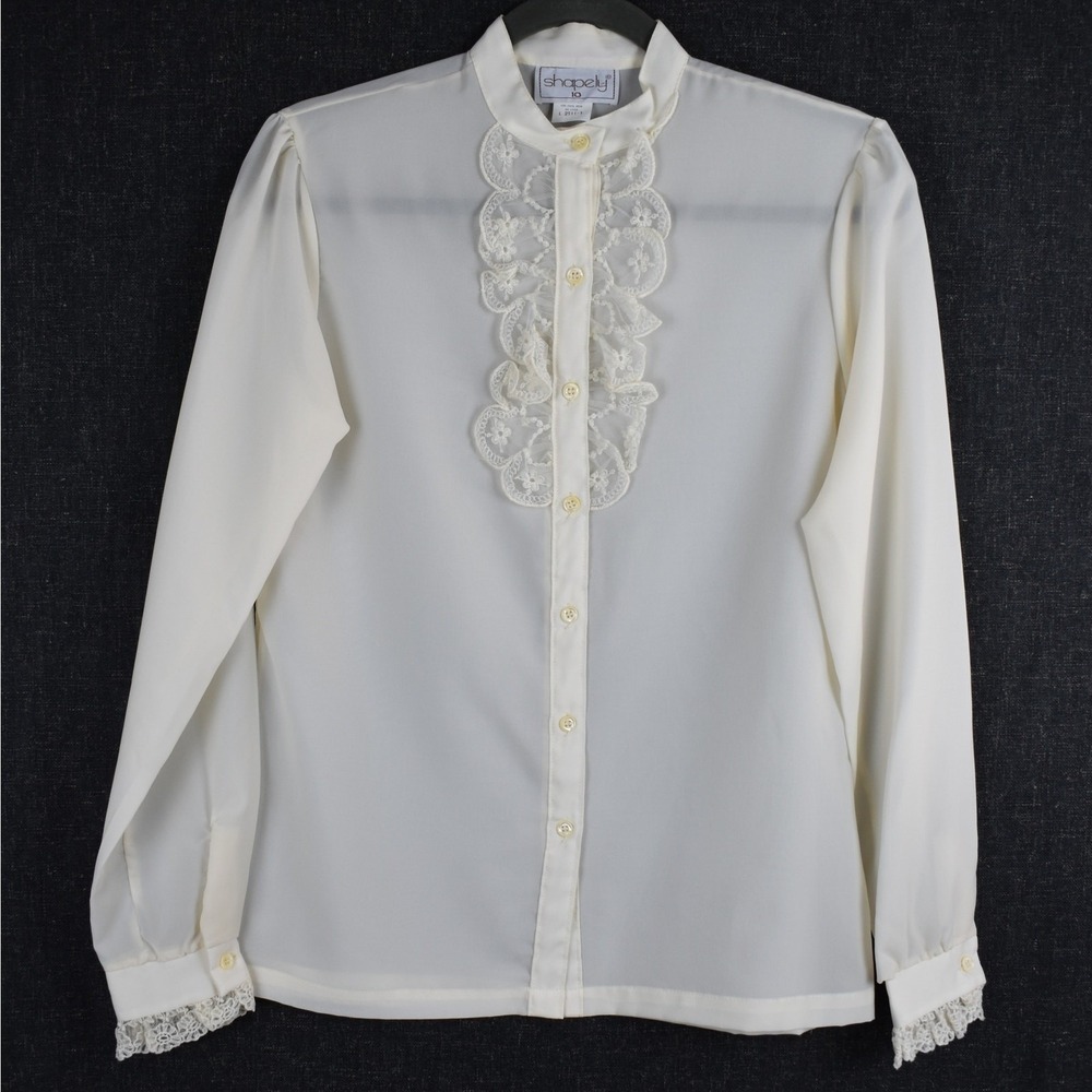 Vintage Lace Trimmed Blouse Button Up Cream Sheer Victorian Regency Womens M Top